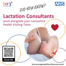 Image showing baby being breastfed, titled Did you know? Lactation Consultants working alongside your Lancashire Health Visiting Team